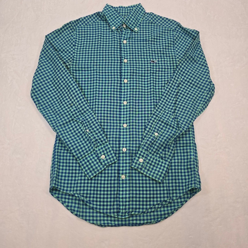 Vineyard Vines Mens XS Slim Fit Tucker Shirt Green Blue Gingham Check Cotton L/S